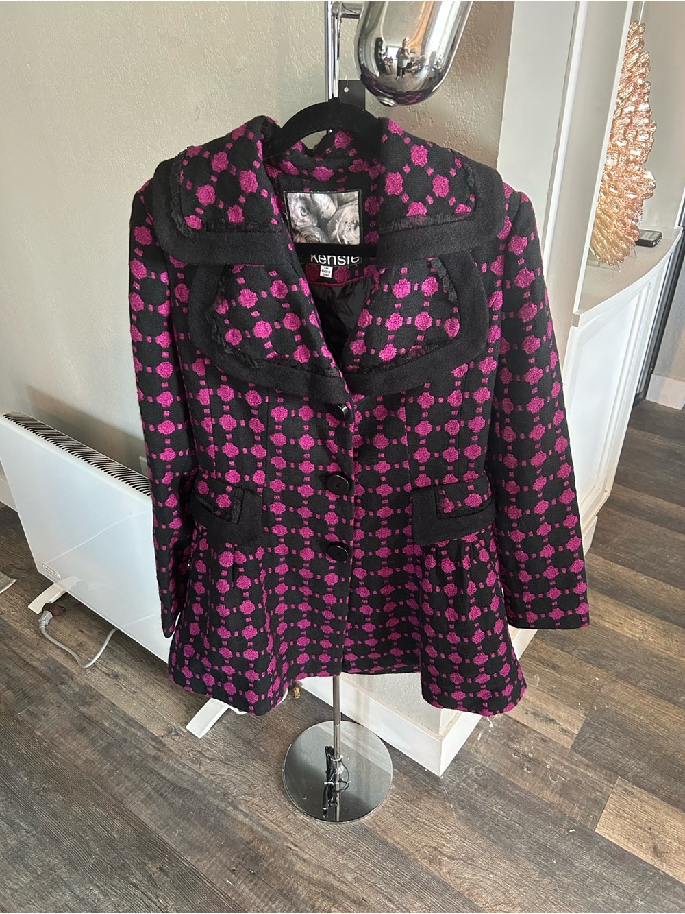 Kensie Black & Fuchsia Patterned Pea Coat with Lace Trim